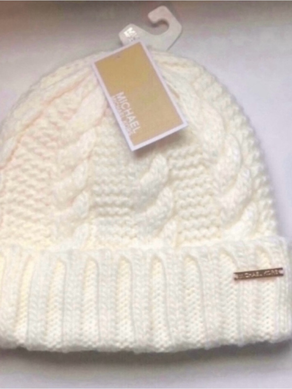 New Michael Kors Hat Women’s Ivory Winter Lined Cable Knit Cuffed Beanie Hat